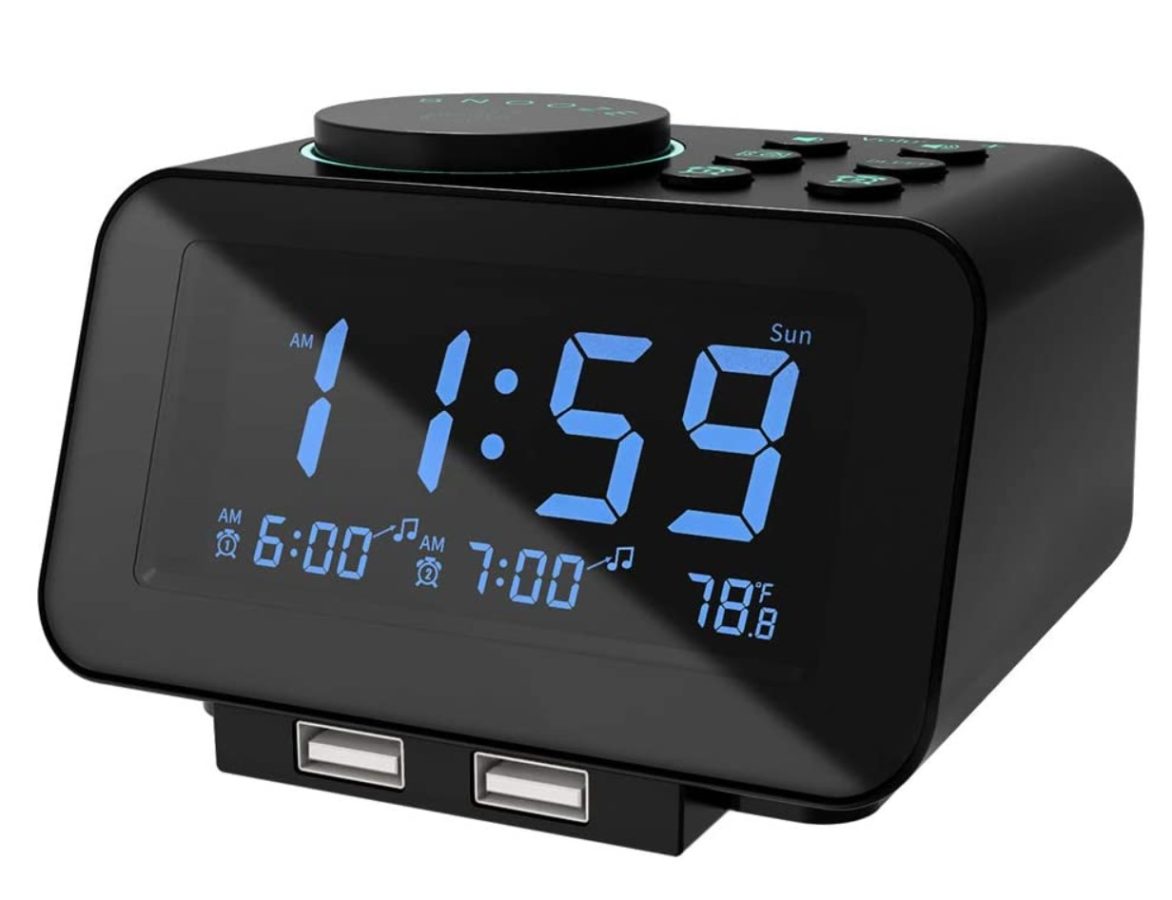 Corded Electric Powered Adjustable Alarm Volume Ratakee Digital Alarm Clock Radio for Bedroom with AM/FM Radio Preset 4.5 Green LED Display Dual Alarms Sleep Timer and Dimmer 
